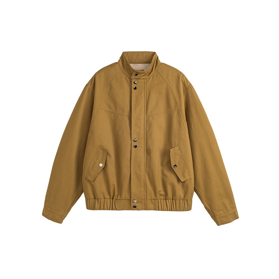 Khaki stand-collar bomber jacket flat lay with snap placket, flap pockets and elastic hem