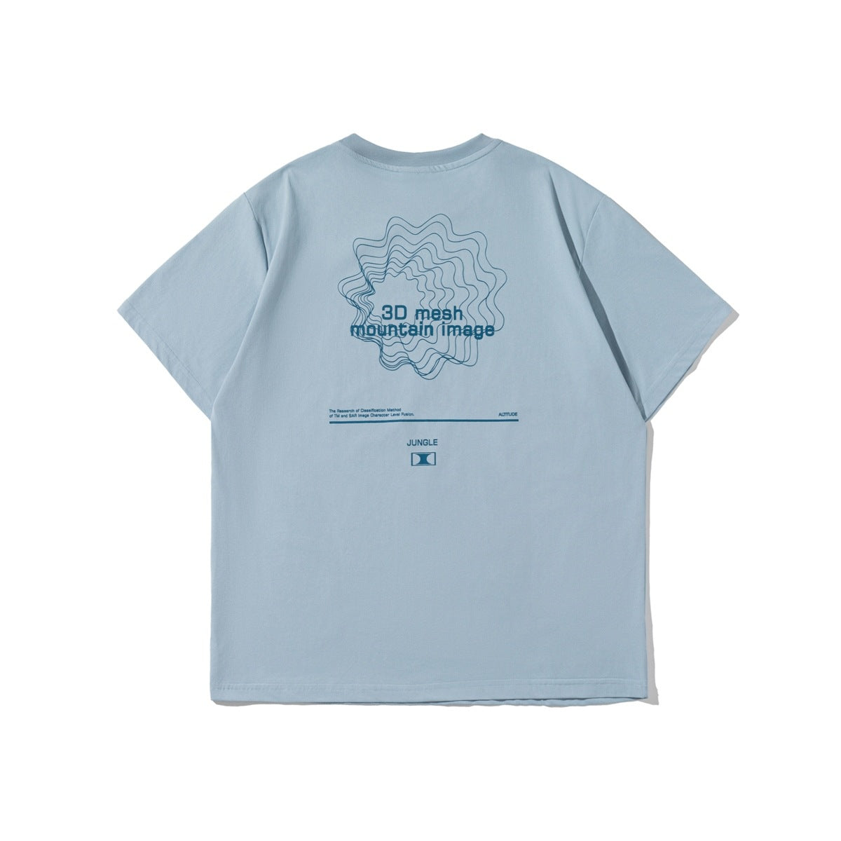 Light blue short-sleeve T-shirt back view with wavy line graphic and '3D mesh mountain image' print