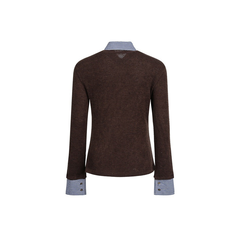 Back view of a dark brown long-sleeve knit top with blue-and-white checked collar and cuffs.