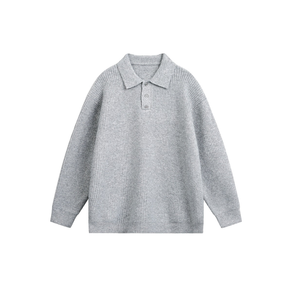 Light gray ribbed knit polo sweater with three buttons, flat front view