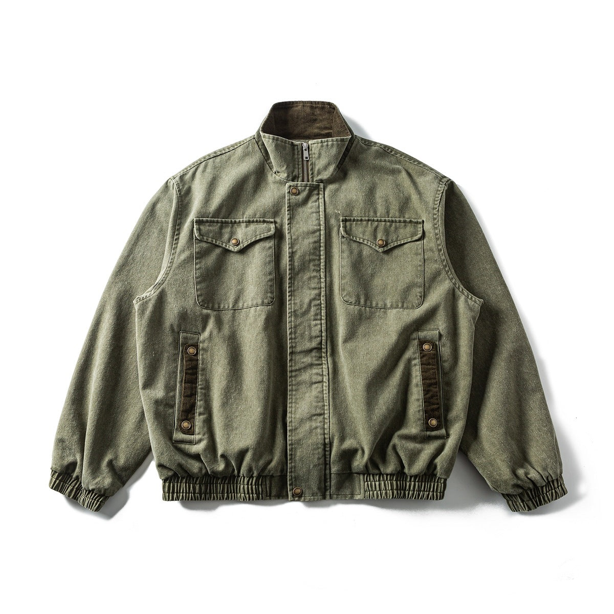 Washed green stand-collar jacket flat lay with zip placket, snap-flap chest pockets and elastic ribbed hem