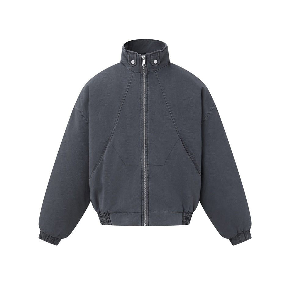 Dark gray stand-collar zip jacket with snap collar tabs and elastic hem, flat front view