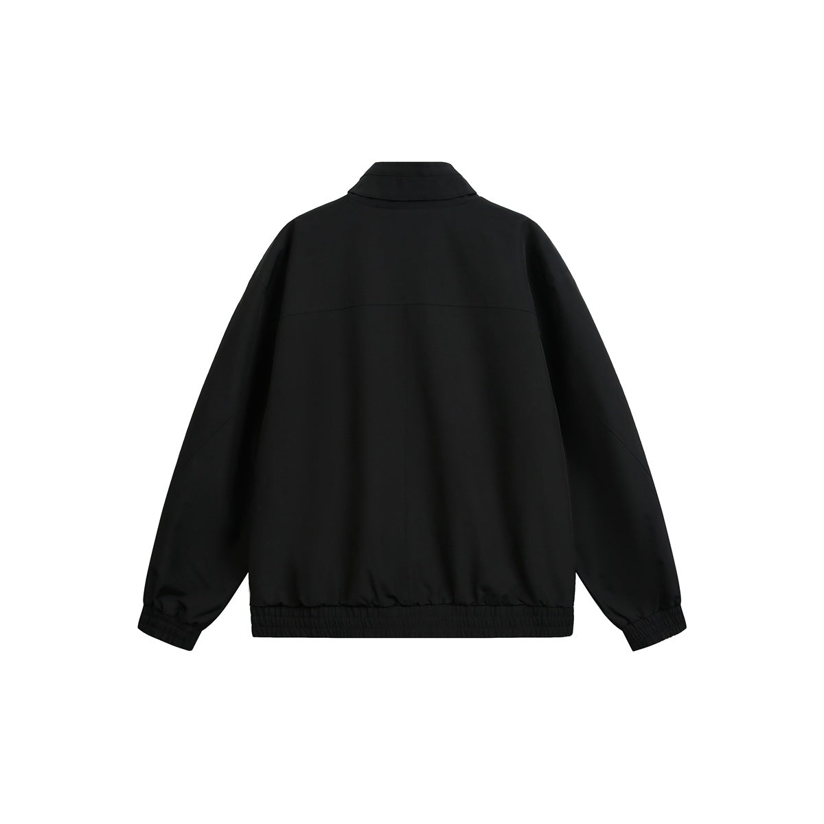 Back view of a black jacket with a stand collar, long sleeves, and elasticated cuffs and hem.