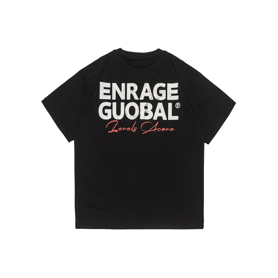 Black short-sleeve T-shirt back with large white distressed ENRAGE GUOBAL print and coral script lettering