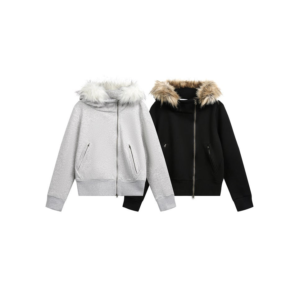 Two hooded zip-front jackets shown flat: light gray with white fur trim and black with tan fur trim.