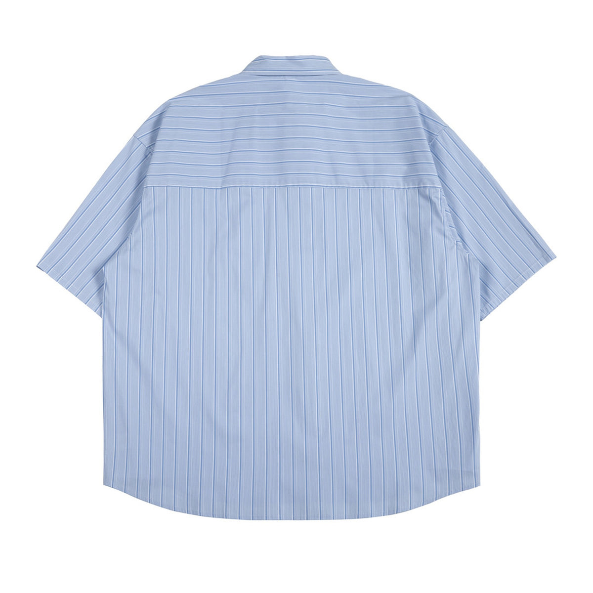 Back view of a pale blue short-sleeve shirt with vertical stripes and a horizontally striped yoke.