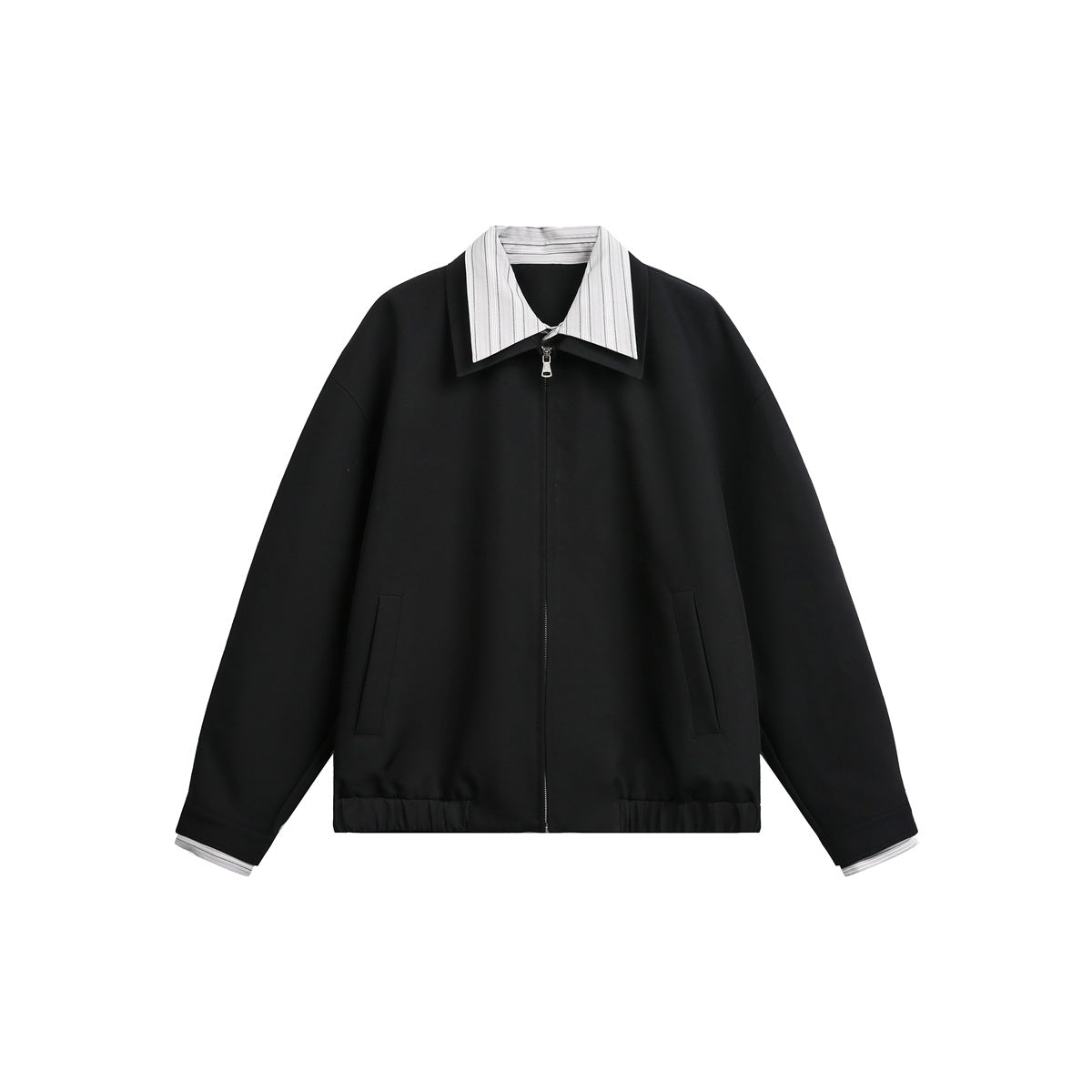 Black zip jacket with white and gray striped faux-layered collar and cuffs, flat lay front view