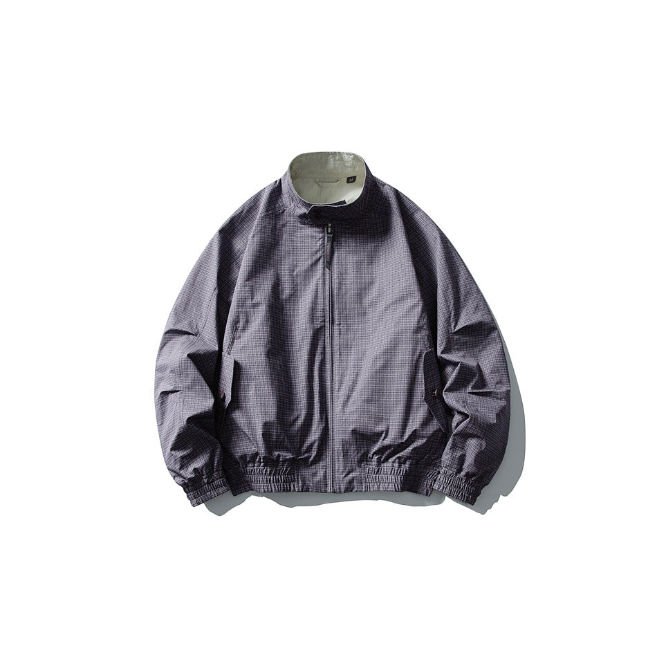 Grayish purple fine-check stand-collar zip jacket flat lay with light lining at collar