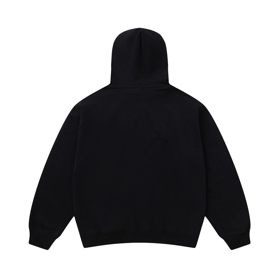 Back view of a plain black hoodie with hood, dropped shoulders and ribbed cuffs and hem