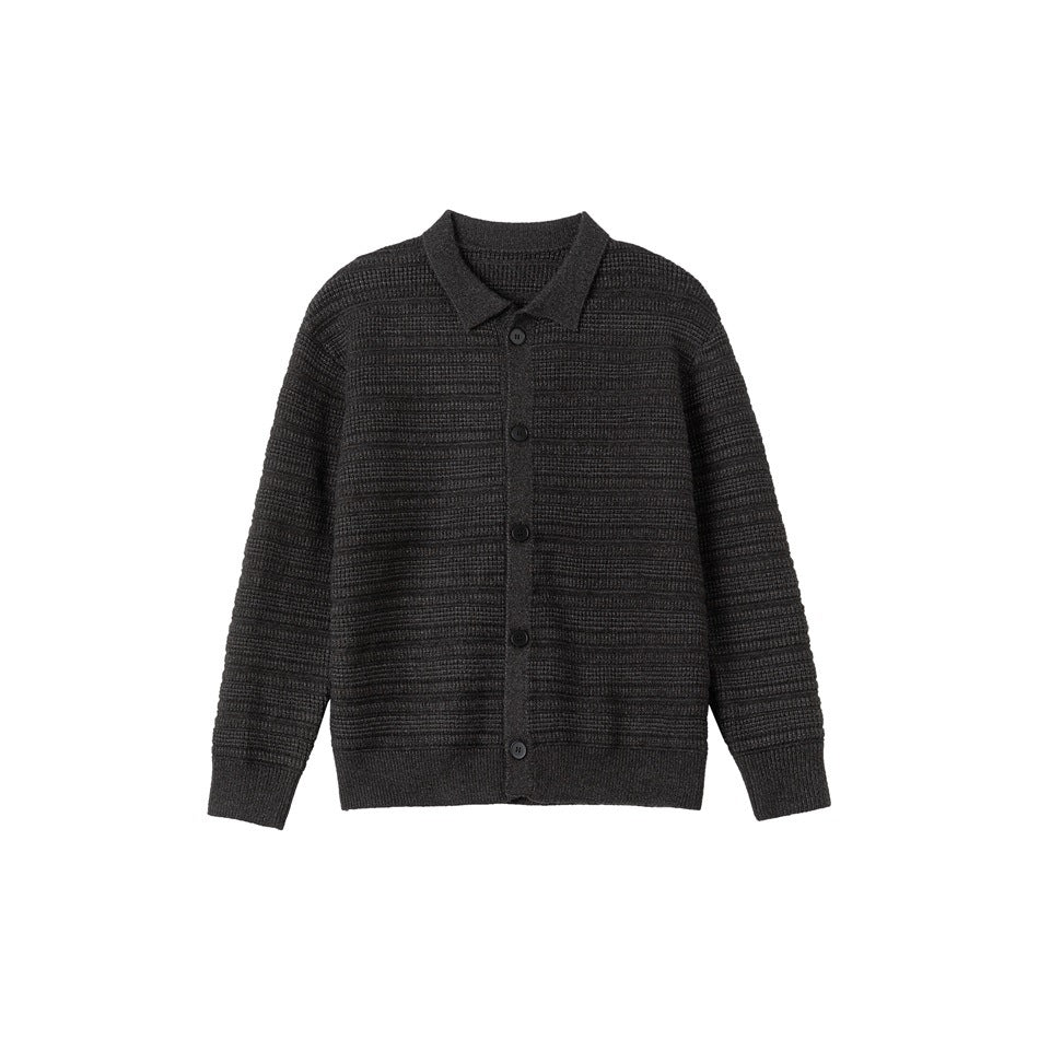 Dark gray textured knit cardigan with pointed collar and five buttons, flat front view