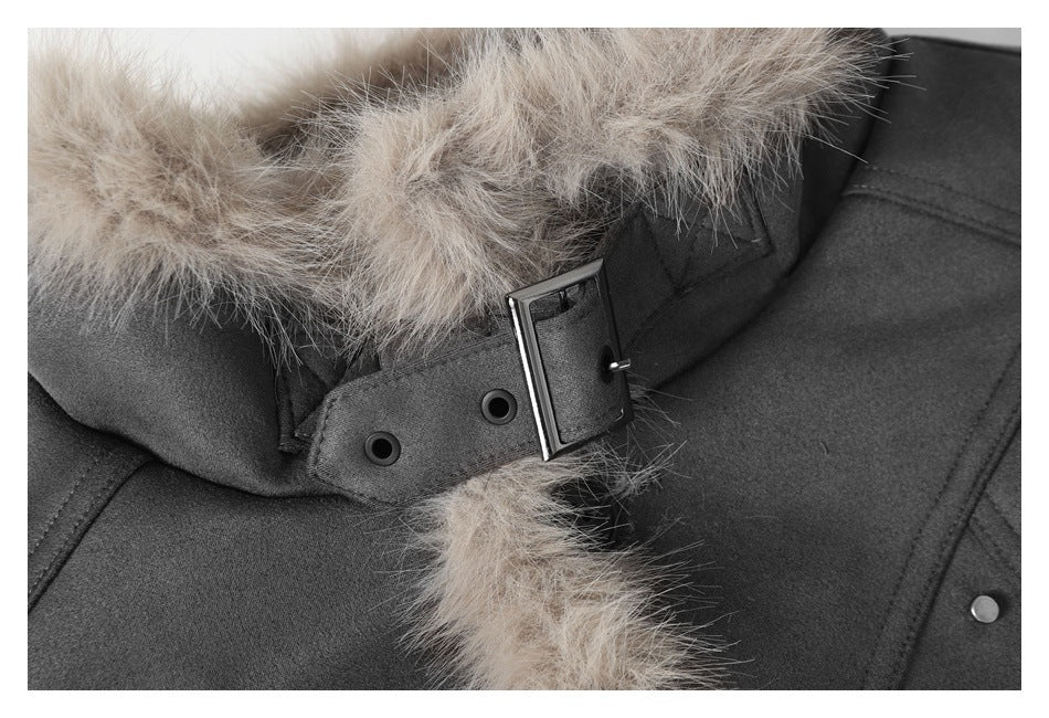Close-up of the jacket's pale beige fur-trimmed collar and charcoal buckle strap with eyelets.