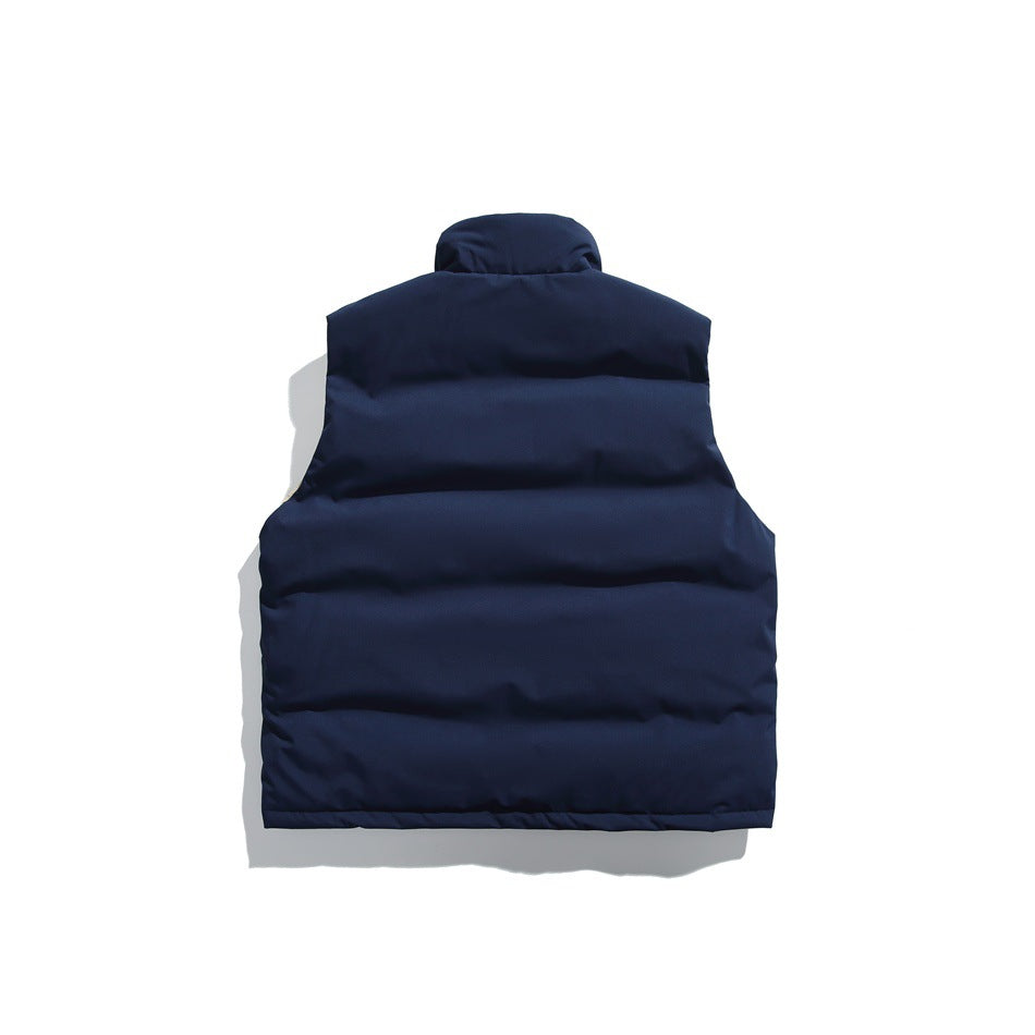 Back view of a navy sleeveless vest with a stand collar and horizontal quilting, shown flat against a white background.