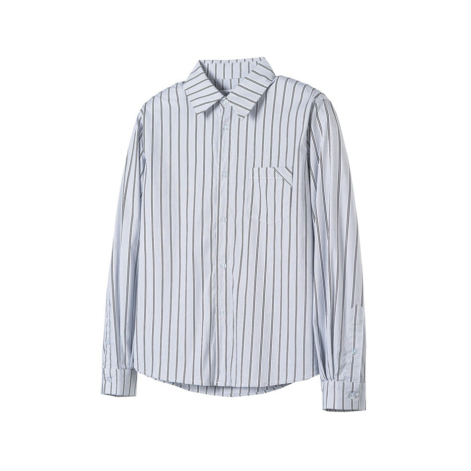 Light blue-gray shirt with black and white vertical stripes, chest pocket and button front, flat view