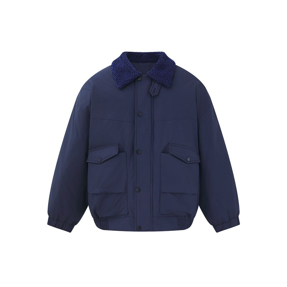 Navy blue bomber-style jacket with matching fleece-like collar, snap front, two flap pockets and elastic hem