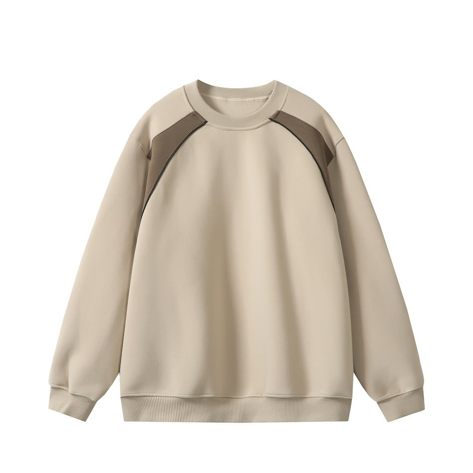 Khaki crew-neck sweatshirt with brown raglan shoulder panels and ribbed collar, cuffs and hem, flat lay front view