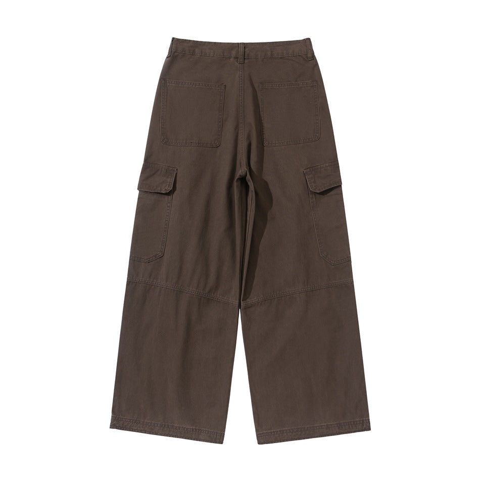 Brown wide-leg cargo pants flat lay, back view with two patch pockets and side cargo pockets