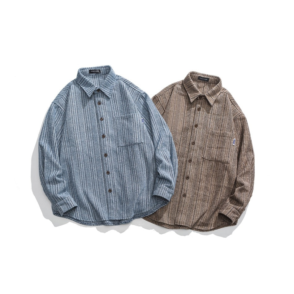 Two long-sleeve button-up shirts laid flat, one blue and one brown, with vertical stripes and chest pockets.