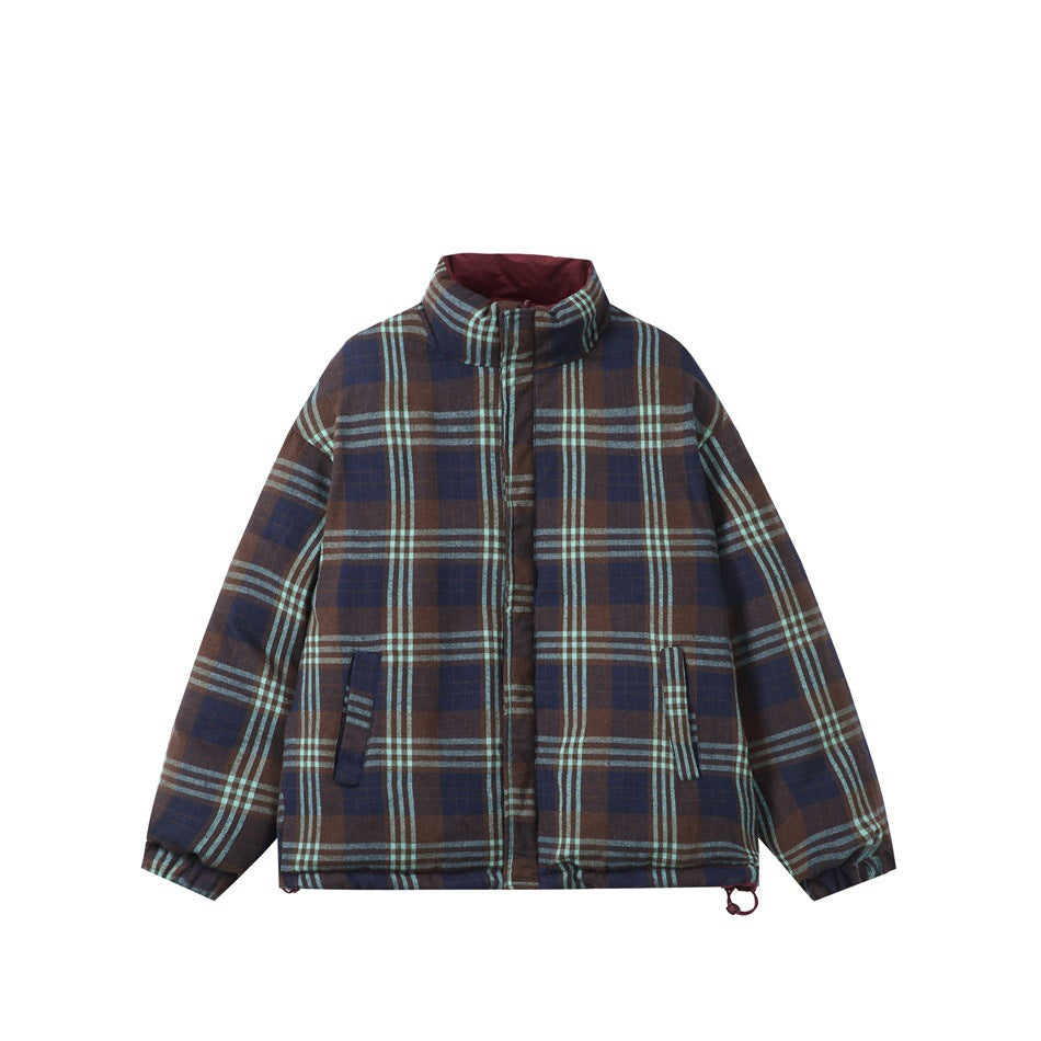 Front view of a brown and navy plaid jacket with pale blue stripes, a high collar, and two pockets.