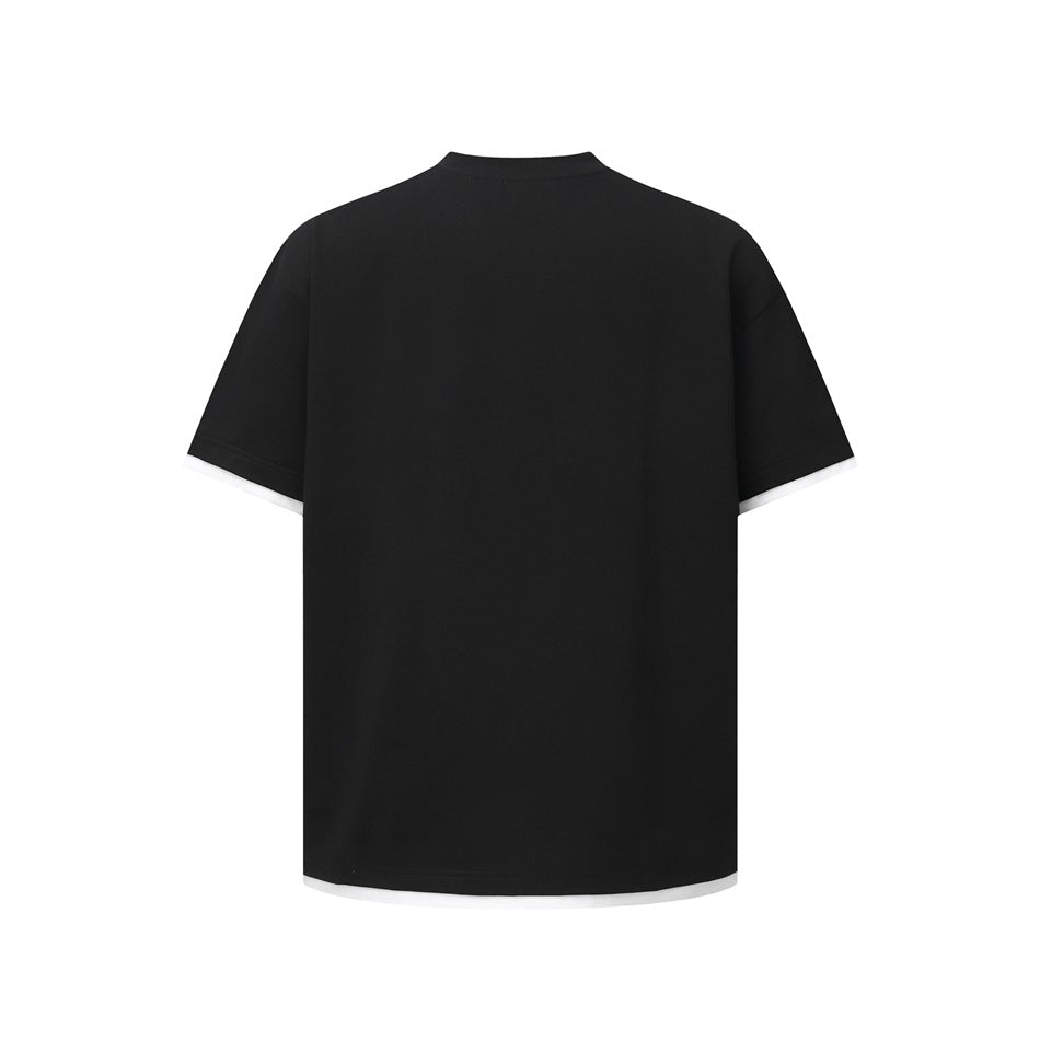 Back view of a black short-sleeve T-shirt with white contrast trim at the cuffs and hem.