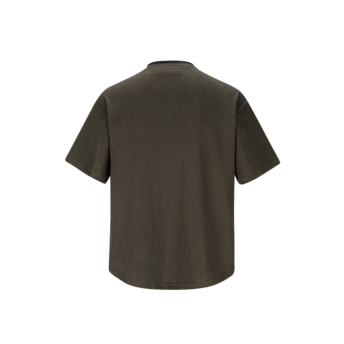 Back view of a plain dark olive-brown short-sleeve crew-neck T-shirt on a white background.