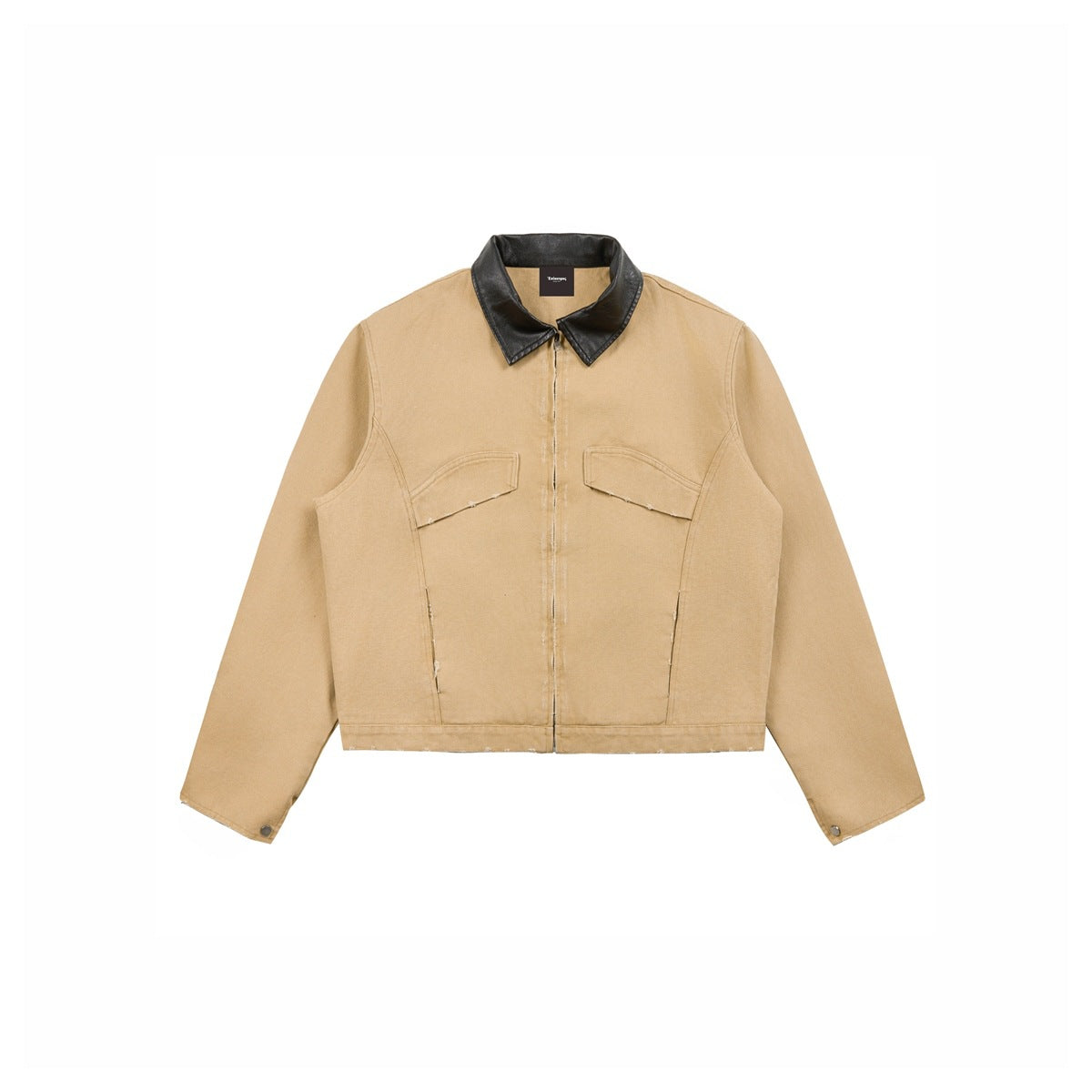 Khaki zip-front jacket with black contrast collar, chest flap pockets and distressed edges, flat lay front view
