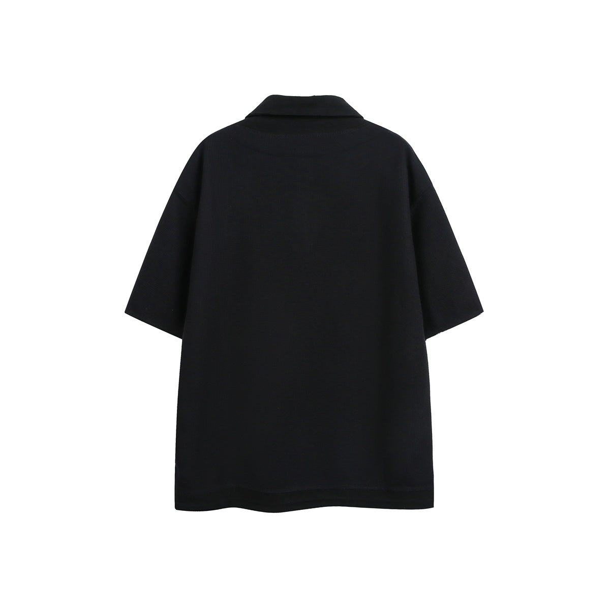 Back view of a plain black short-sleeve collared polo shirt.