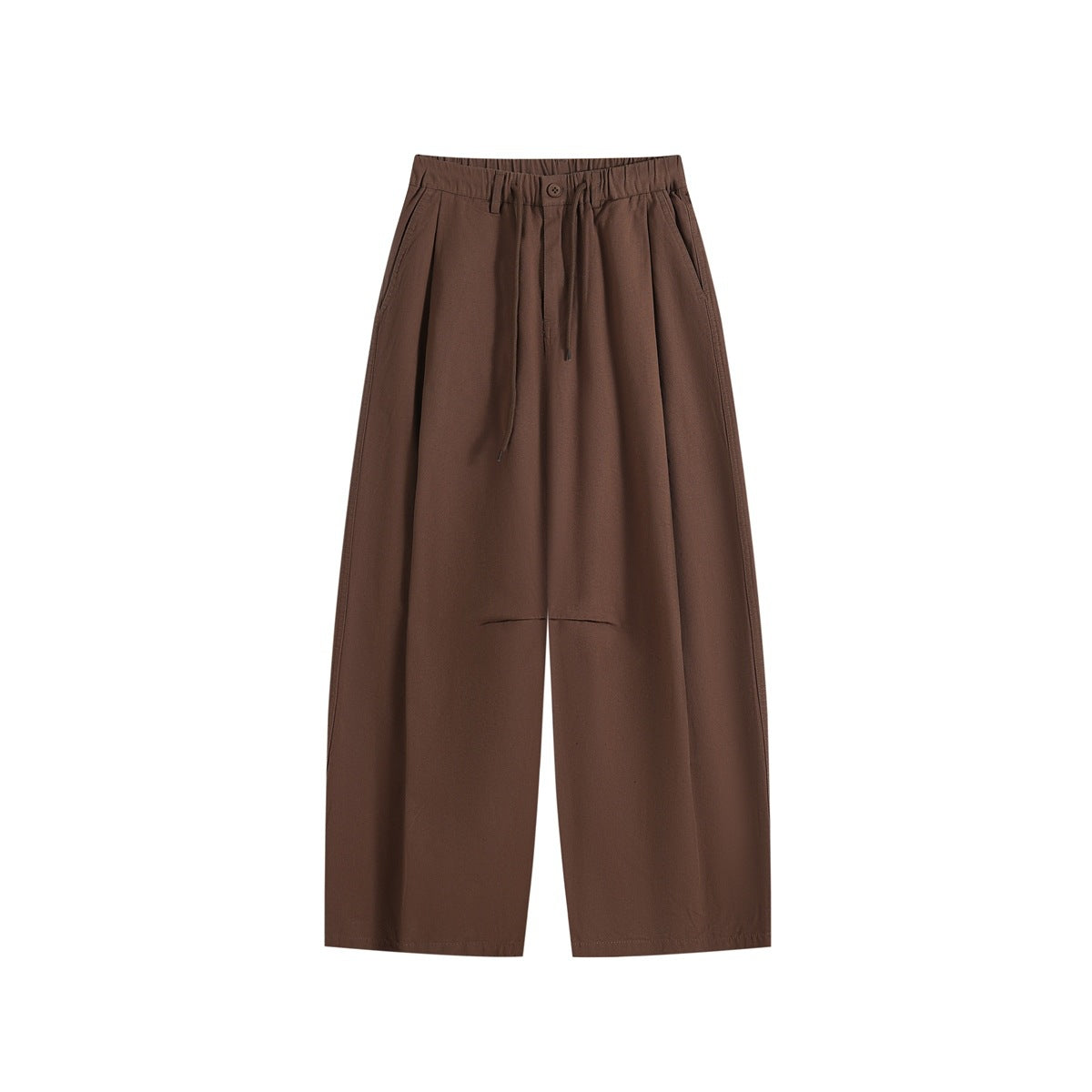 Brown wide-leg drawstring trousers with elastic waistband, front pleats and knee seams, flat lay front view