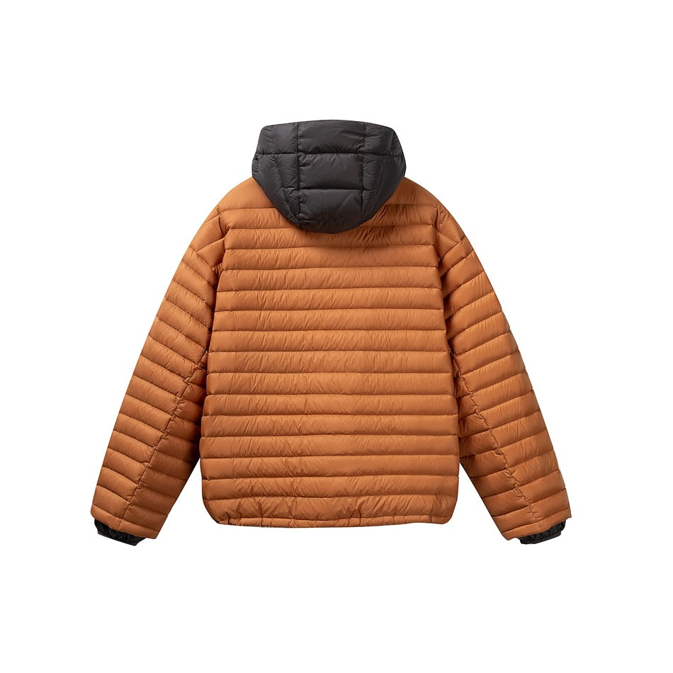 Back view of an orange-brown quilted hooded jacket with a dark gray hood.