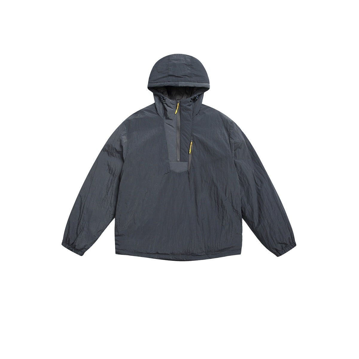 Dark gray hooded half-zip jacket flat lay with yellow zipper pulls and elastic cuffs