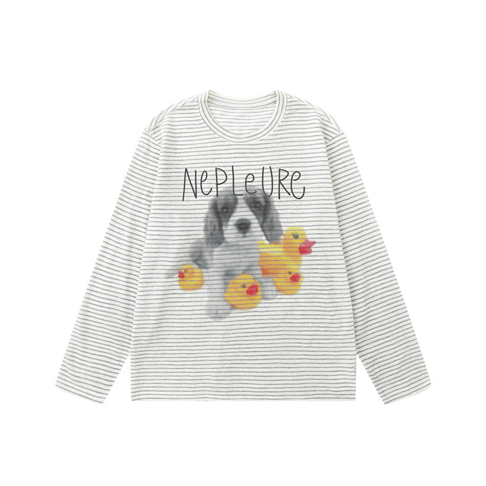 Gray and white striped long-sleeve crew-neck T-shirt with a dog and yellow rubber ducks graphic on the front