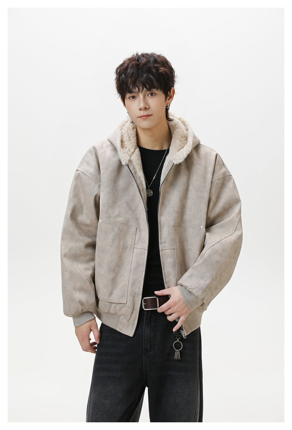 Model wearing a light beige mottled hooded jacket with cream plush lining, a front zipper, and large pockets.