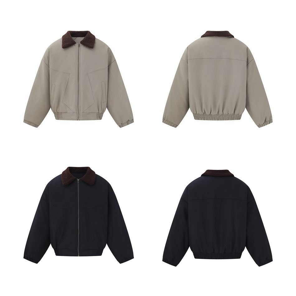 Front and back flat views of the bomber jacket in khaki-taupe and black with brown fleece-like collars