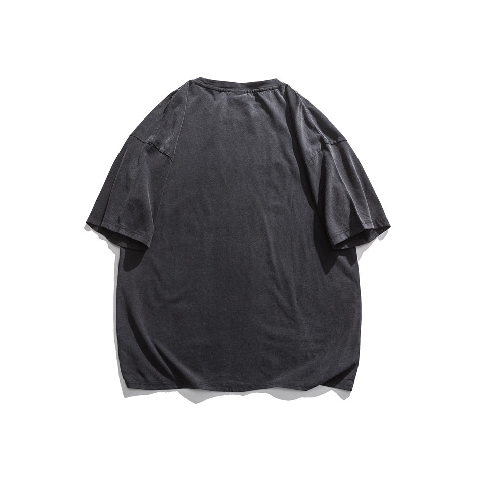 Plain charcoal short-sleeve crewneck T-shirt laid flat, shown from the front.