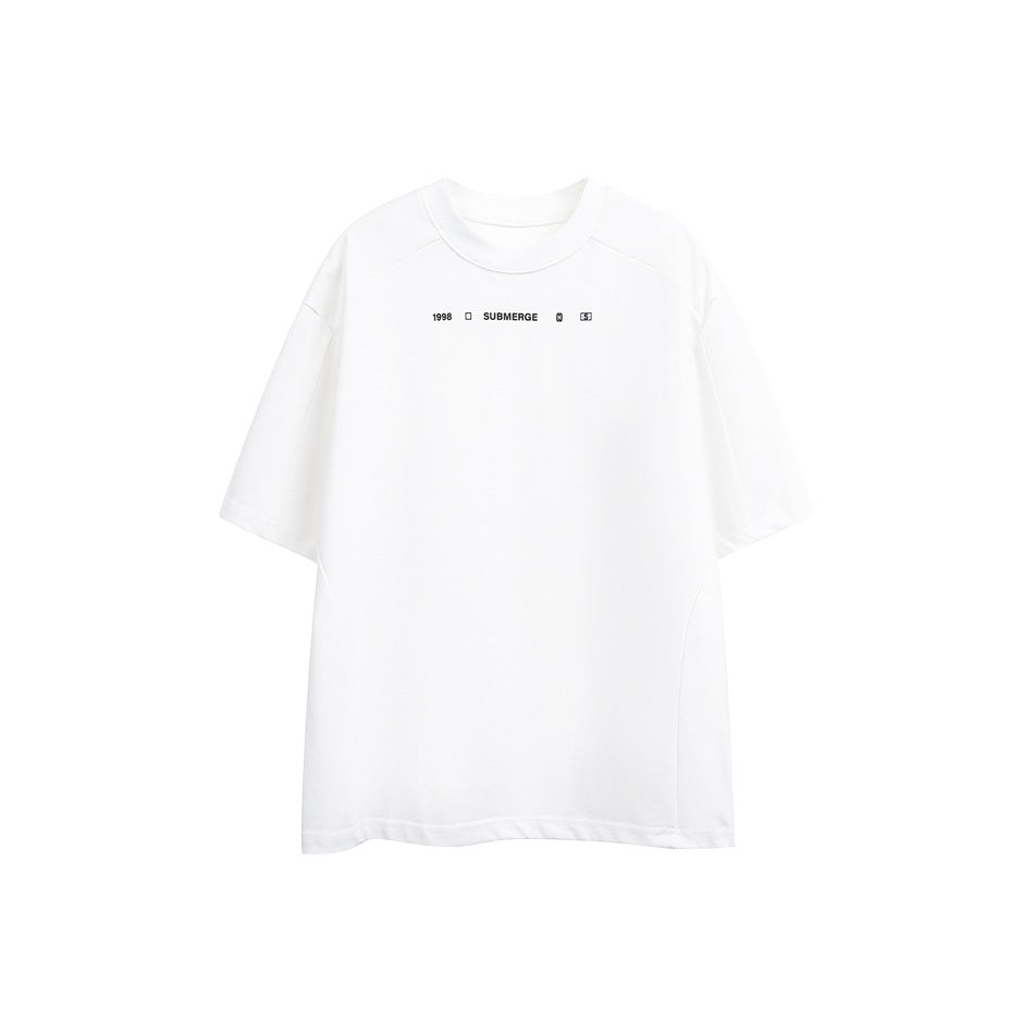 White short-sleeve crew-neck T-shirt flat lay with small black printed text line across the chest