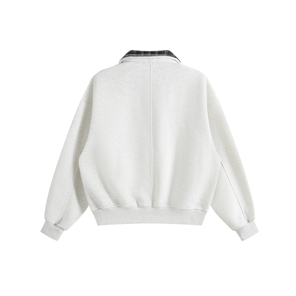 Back view of a light gray pullover sweatshirt with a plaid collar, dropped shoulders, and ribbed cuffs and hem.