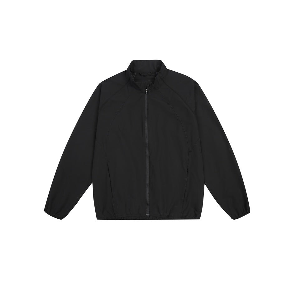 Black zip-up stand-collar jacket with raglan sleeves and side pockets, flat lay front view