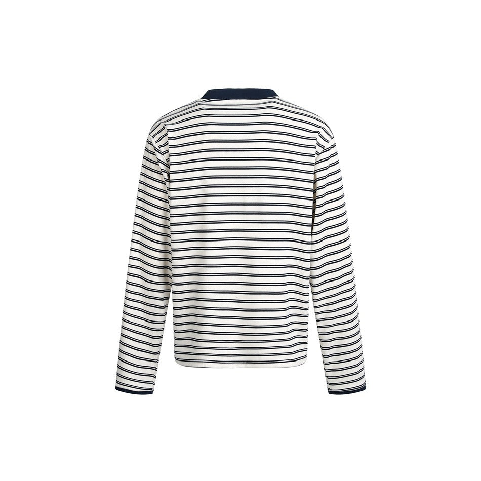 Back view of a white long-sleeve shirt with thin navy horizontal stripes and a solid navy collar and cuffs.