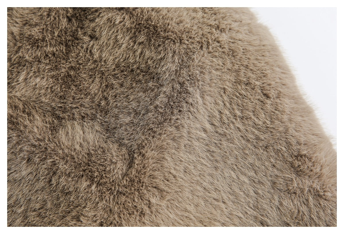 Close-up showing the dense taupe-brown faux-fur texture across the coat.