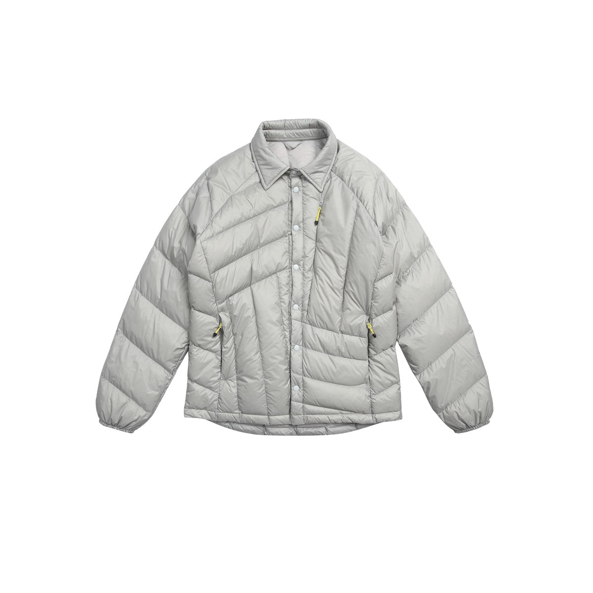 Gray quilted puffer jacket with collar, snap front and yellow zipper pulls, flat front view