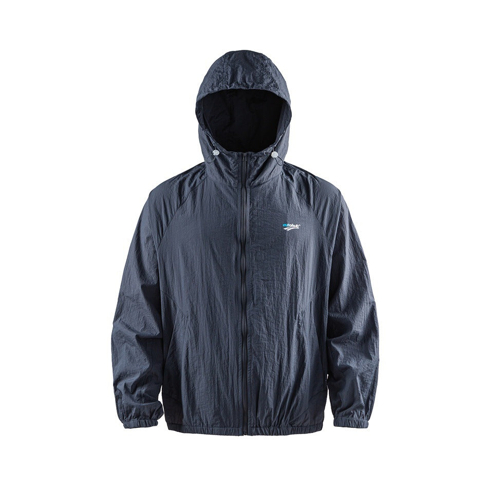 Blue-gray hooded zip-front lightweight jacket with crinkled texture, drawcord hood and elastic cuffs, front view