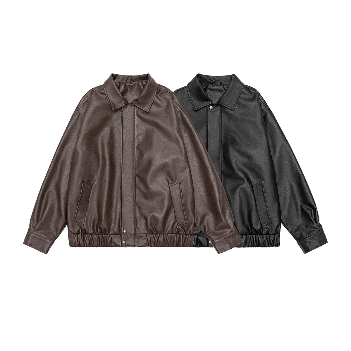 Two collared jackets shown together: one dark brown and one black, both with snap fronts and elastic hems.