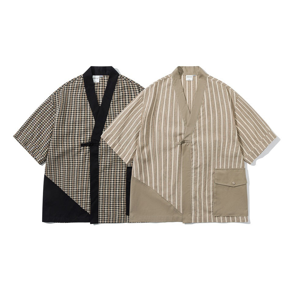 Two short-sleeved wrap shirts shown from the front: one black plaid and one beige striped.