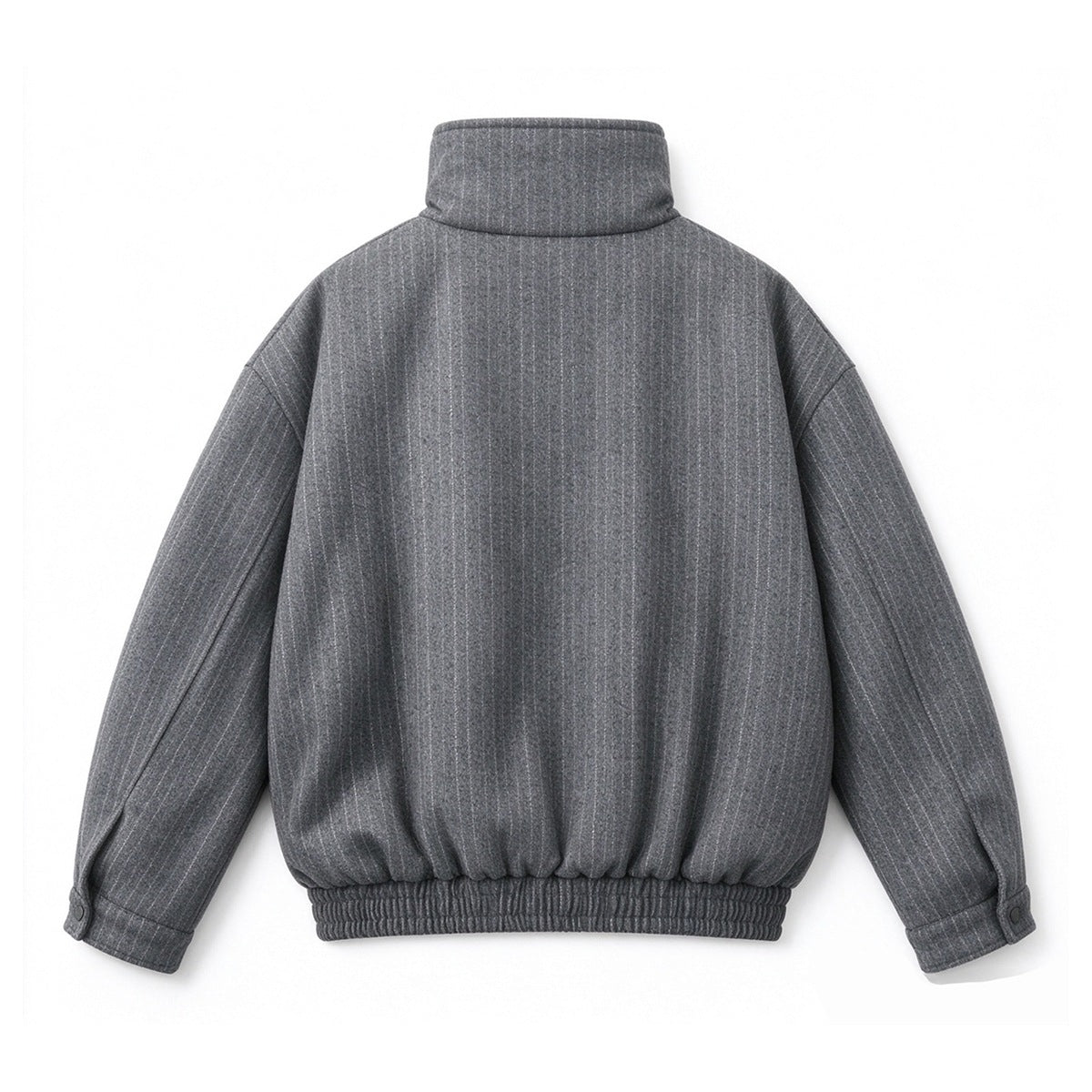 Gray pinstripe jacket shown from the back, with a high collar, elastic hem and snap cuffs.