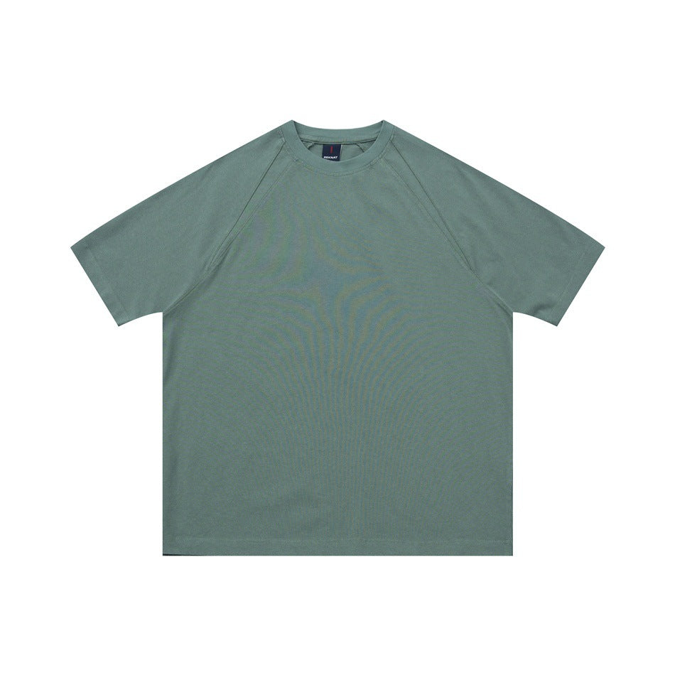 Sage green short-sleeve raglan crew neck T-shirt, flat front view on white background