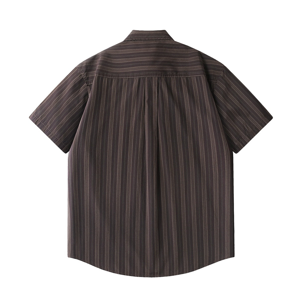 Back view of a dark brown short-sleeve shirt with narrow vertical stripes and a horizontal yoke.