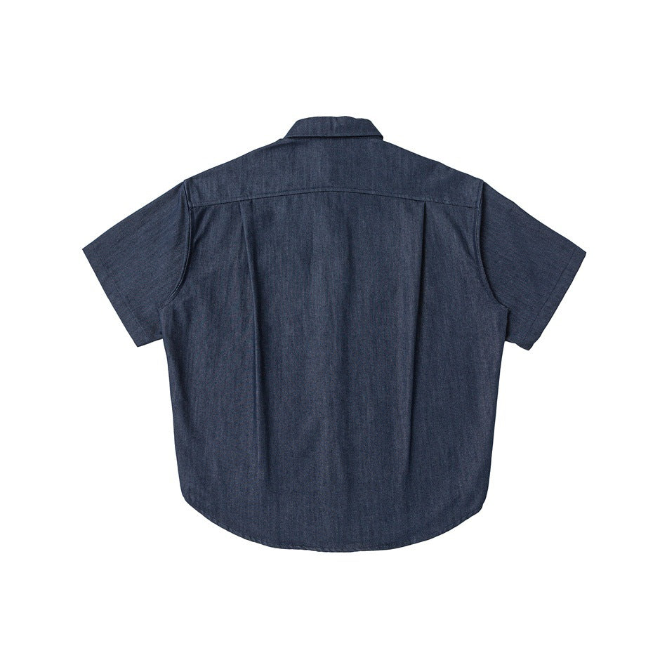 Back view of a dark blue short-sleeve collared shirt on a white background.