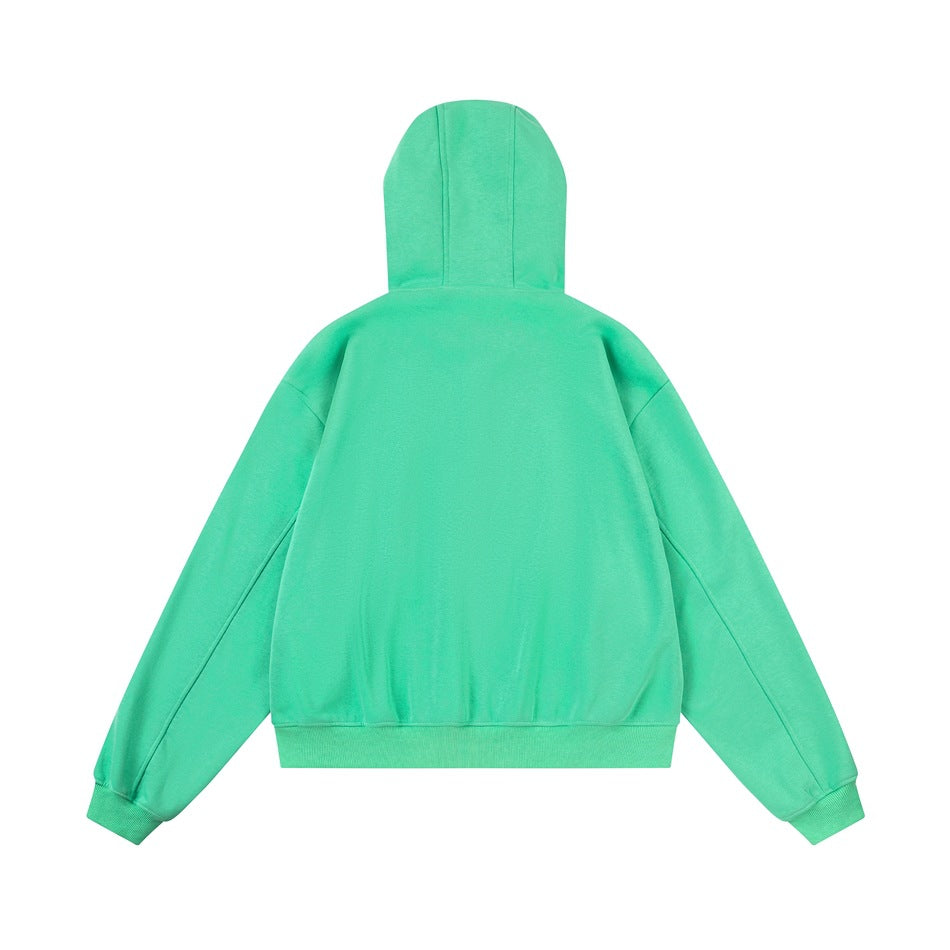 Back view of a mint-green hooded zip sweatshirt shown flat against a white background.