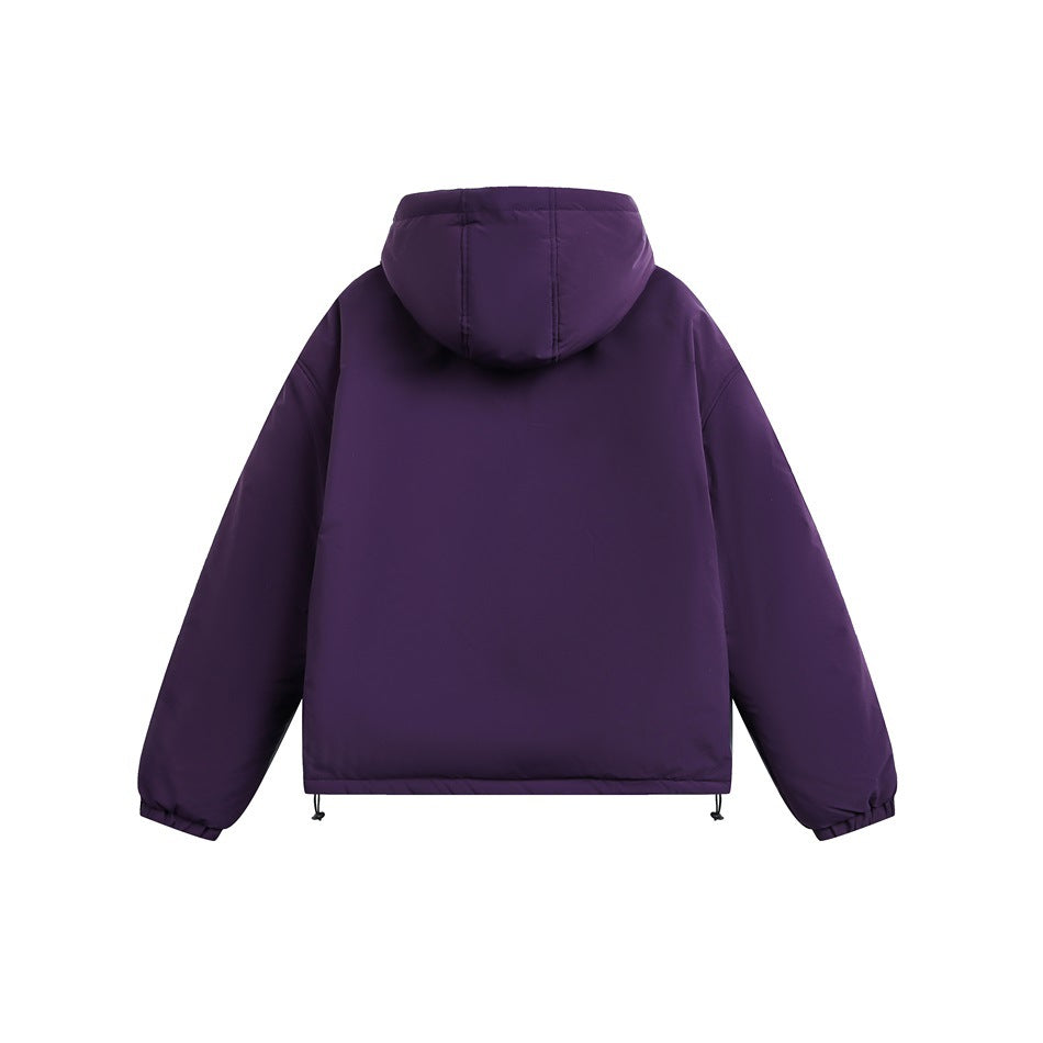 Back view of a plum hooded jacket with long sleeves and adjustable drawcords at the hem.