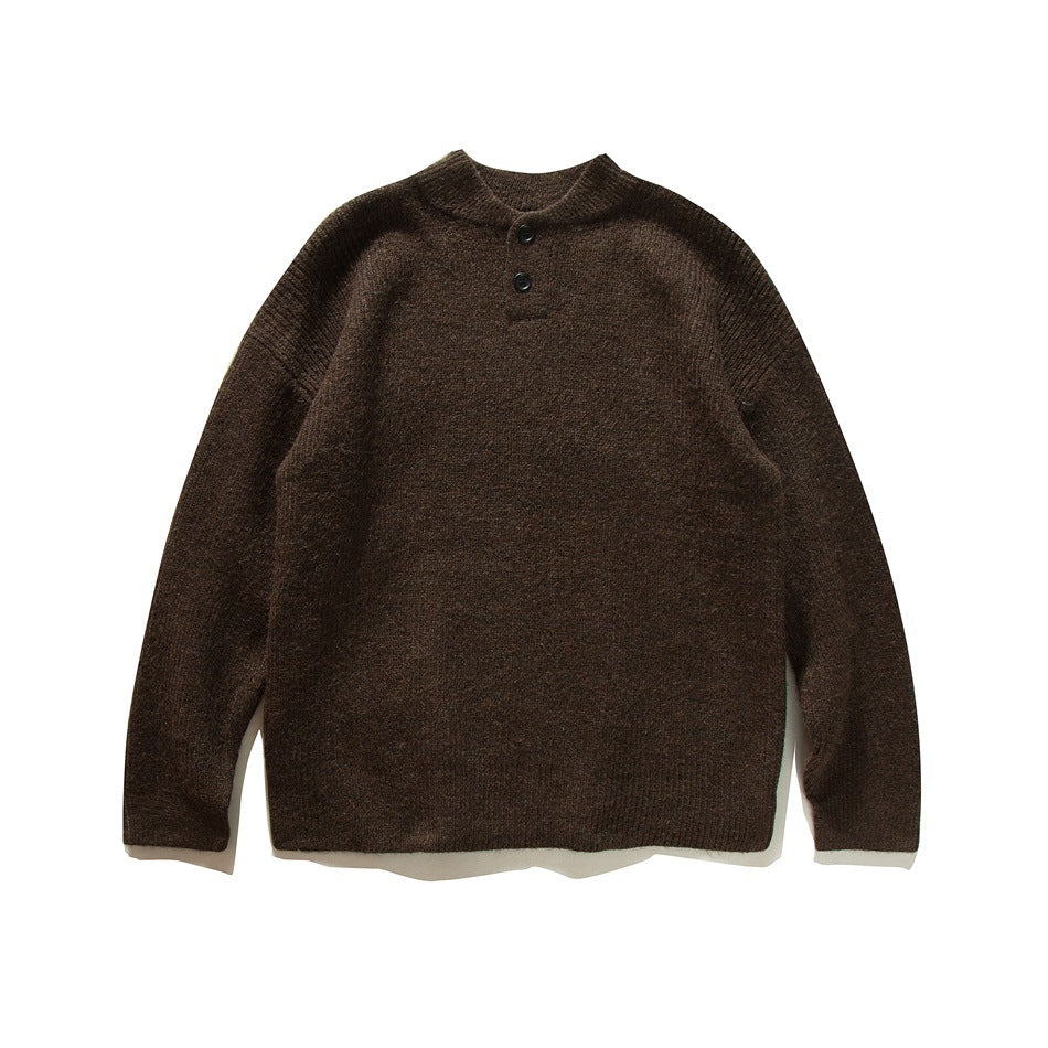 Brown textured knit pullover sweater with two-button placket and ribbed shoulders, flat lay front view