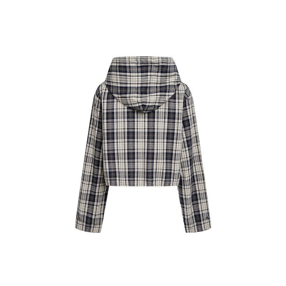 Rear view of a cropped navy, cream, and gray plaid hooded jacket with long sleeves.